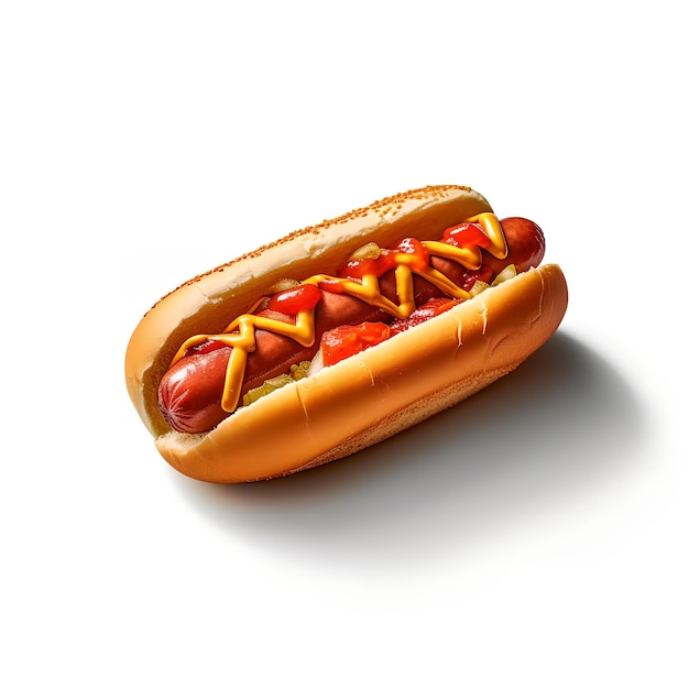 A hot dog with mustard and ketchup is on a white background.