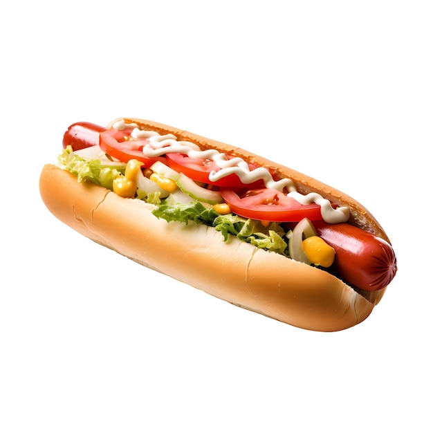 Foto hot dog con senape e ketchup isolato su uno sfondo bianco