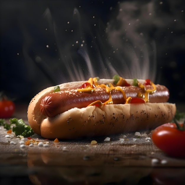 Hot dog with mustard ketchup and mustard on a black background