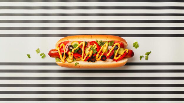 Photo hot dog with mustard ketchup relish tomato onion olives and parsley on a striped background