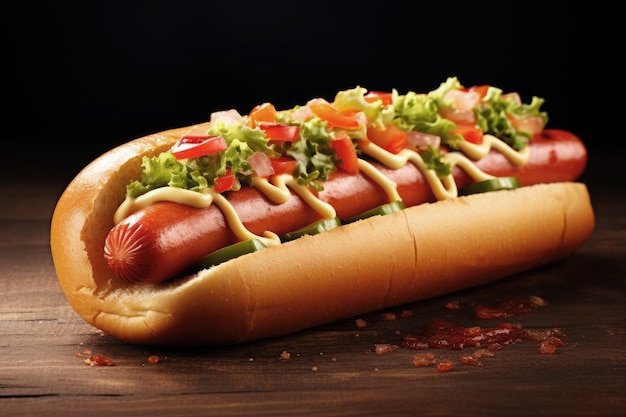 Hot dog with mustard and ketchup sauce and vegetables on wooden table