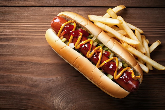 Hot dog with mustard and ketchup sauce and vegetables on wooden table