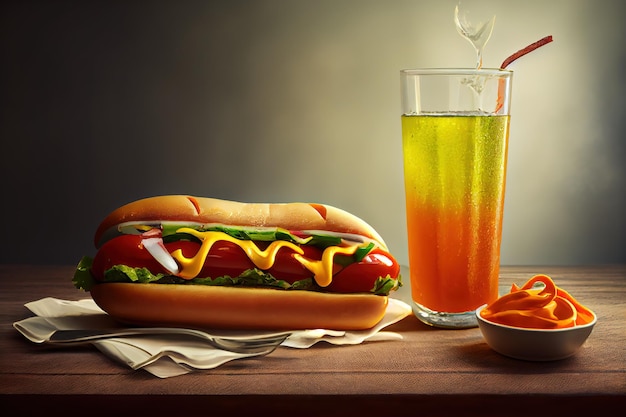 A hot dog with mustard and ketchup on a table next to a glass of orange juice.