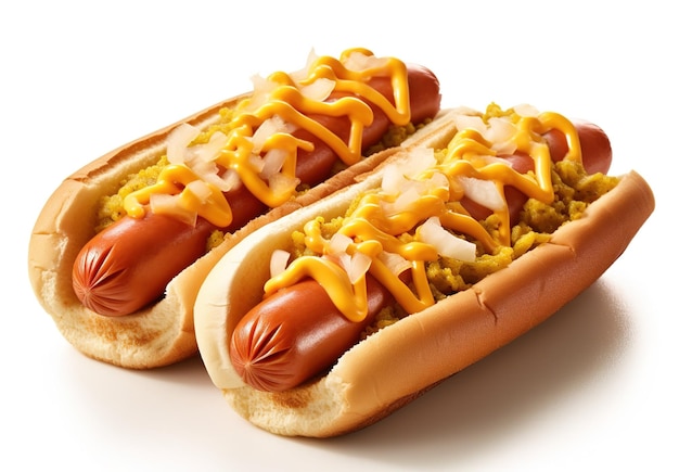 Hot dog with mustard and ketchup on a white background