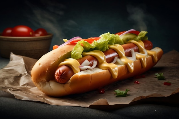 A hot dog with mustard and lettuce on top