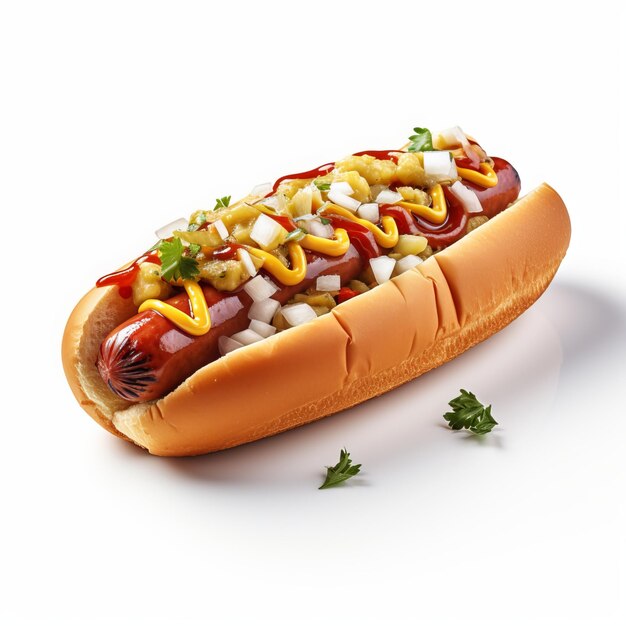 Hot dog with mustard onion and parsley on a white background