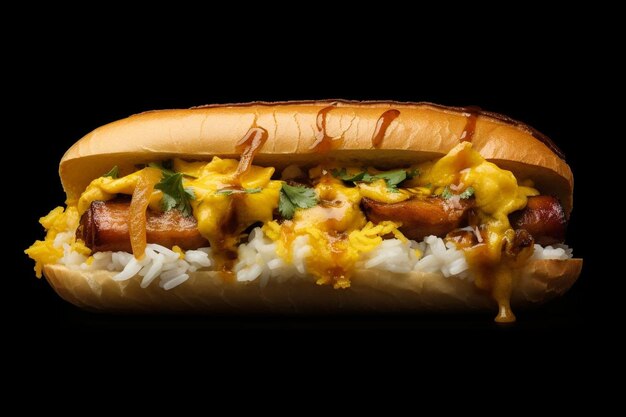 Photo a hot dog with mustard and onions on a black background