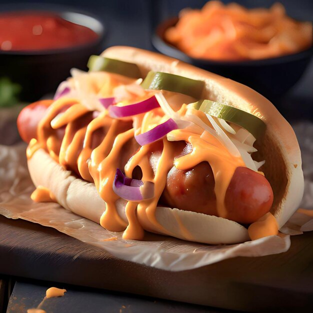 A hot dog with a mustard sauce on it is on a piece of paper.