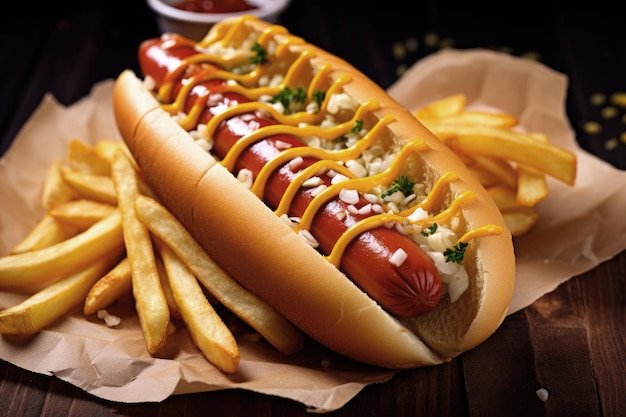 Hot dog with mustard sauce and vegetables on wooden table