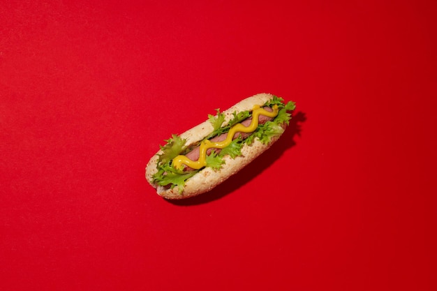 Hot dog with sauce on red background top view