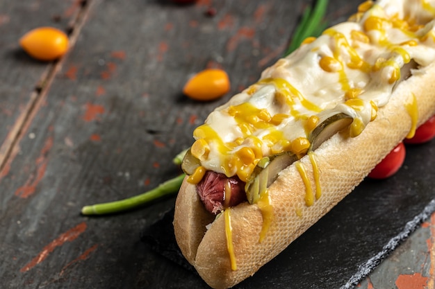 Hot dog with sausage, cheese and corn. banner, menu, recipe place for text, top view.