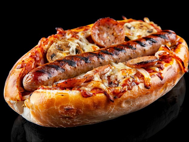 Photo a hot dog with sausage and cheese