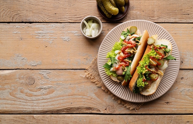 Photo hot dog with sausage letuce cucumber and onion on beige plate on wooden background