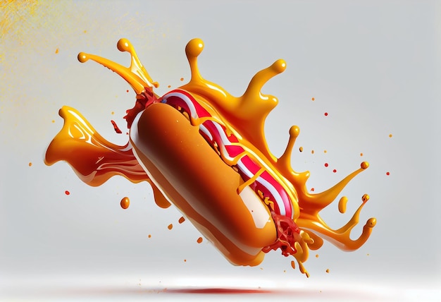 Hot dog with sausage and sauce on a white background