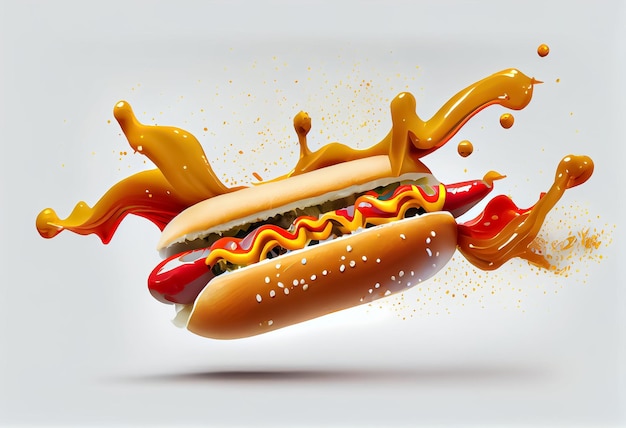 Hot dog with sausage and sauce on a white background