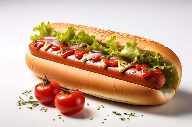 Hot dog with sausage on a white background