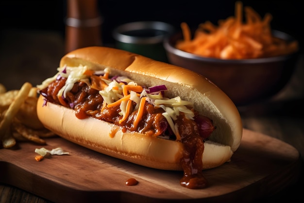 A hot dog with a side of shredded cheese on it sits on a wooden cutting board.