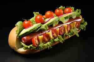 Photo a hot dog with tomatoes and lettuce on it