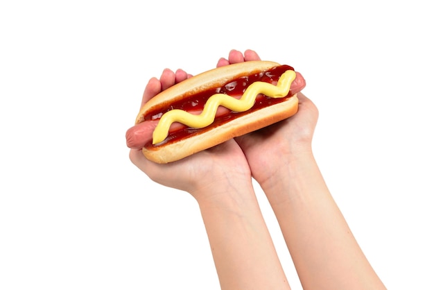 Hot dog in woman hand isolated on white background Copy space