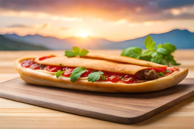 Hot dog on a wooden board with a sunset in the background