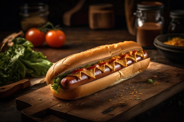 Hot dog on wooden plate