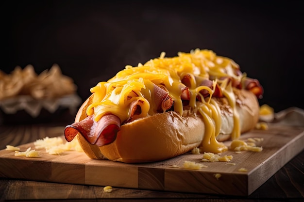 Hot dog wrapped with bacon and cheese on wooden board