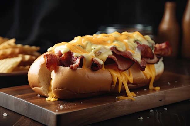 Hot dog wrapped with bacon and cheese on wooden board