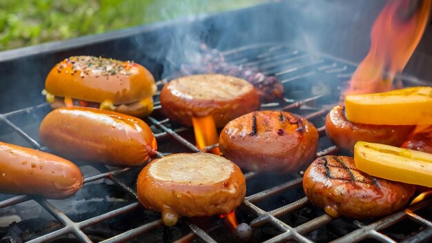 hot dogs and buns cooking on a grill with the words hot dogs on the grill