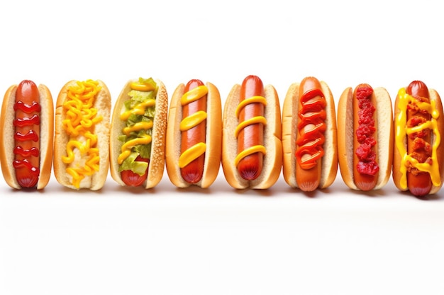 Hot Dogs Standing On White Background Wide Panoramic