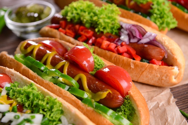 Hot dogs and vegetables on craft paper closeup