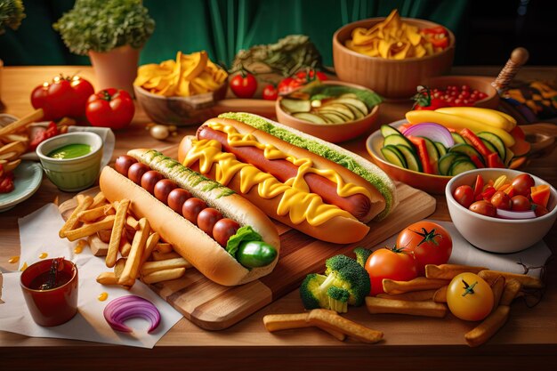 Hot dogs with chips and vegetables on wooden table Fast food