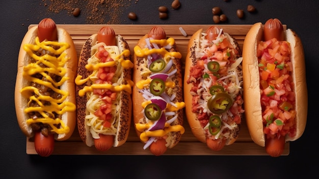 Hot dogs with different toppings on a dark background