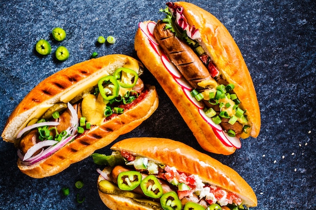 Hot dogs with different toppings