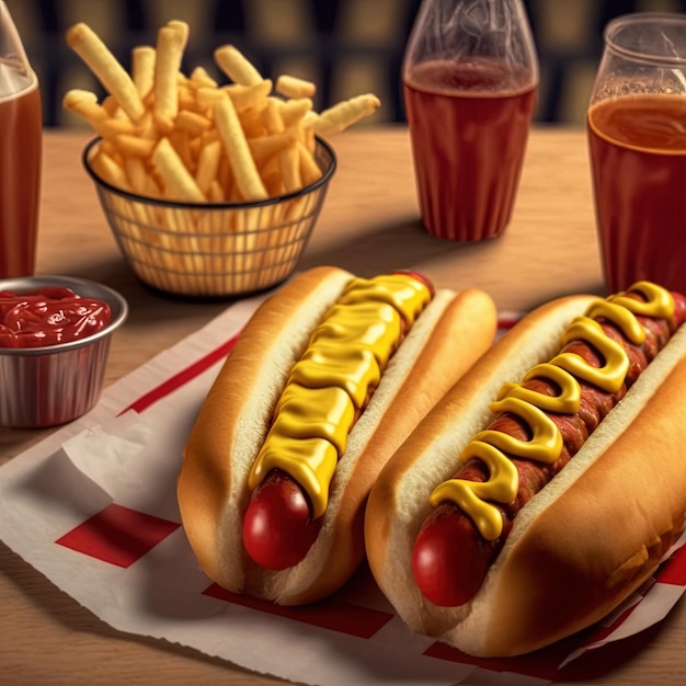 Hot dogs with ketchup, yellow mustard, french fries and\
soda.