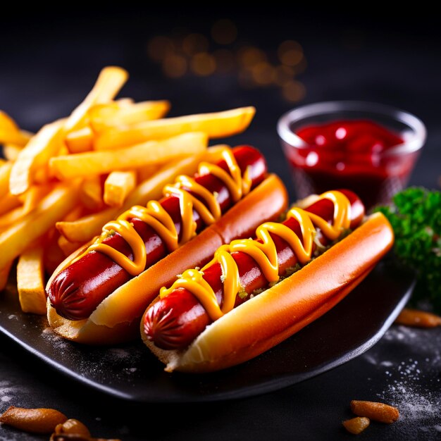 Hot dogs with ketchup yellow mustard and fries image with selective focus