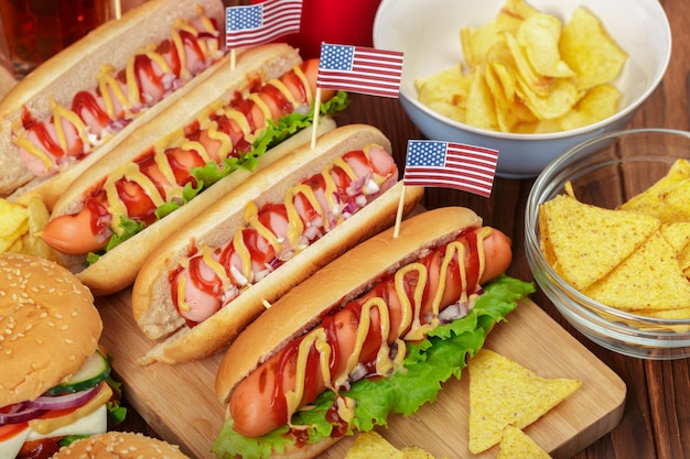 Hot dogs on wooden background