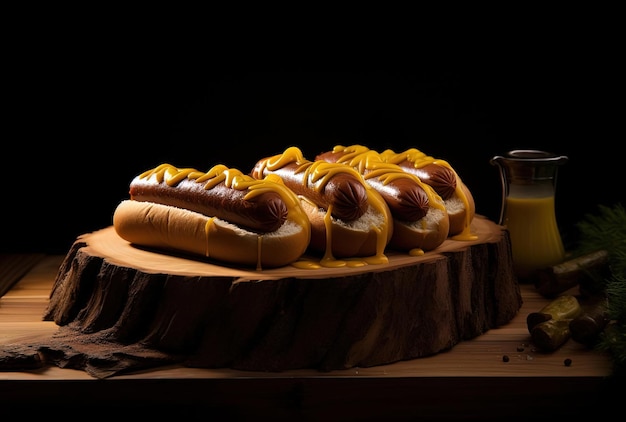 hot dogs on a wooden board in the style of spiky mounds