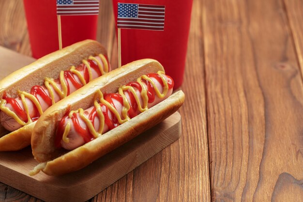 Hot dogs on wooden
