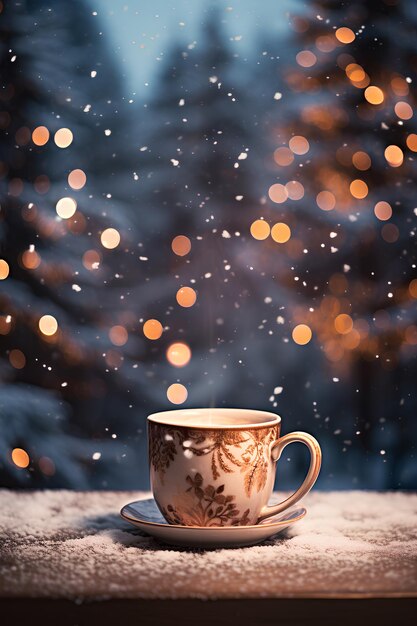 hot dring in white cup on bokeh lights background