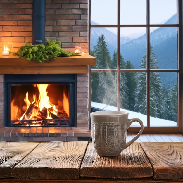 Hot Drink and Burning Fireplace and Snow in the Forested Mountains AI Generated