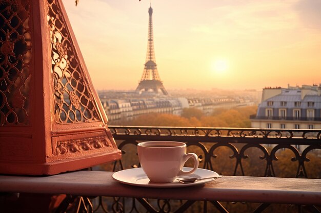 Photo a hot drink and a croissant for a parisian breakfast