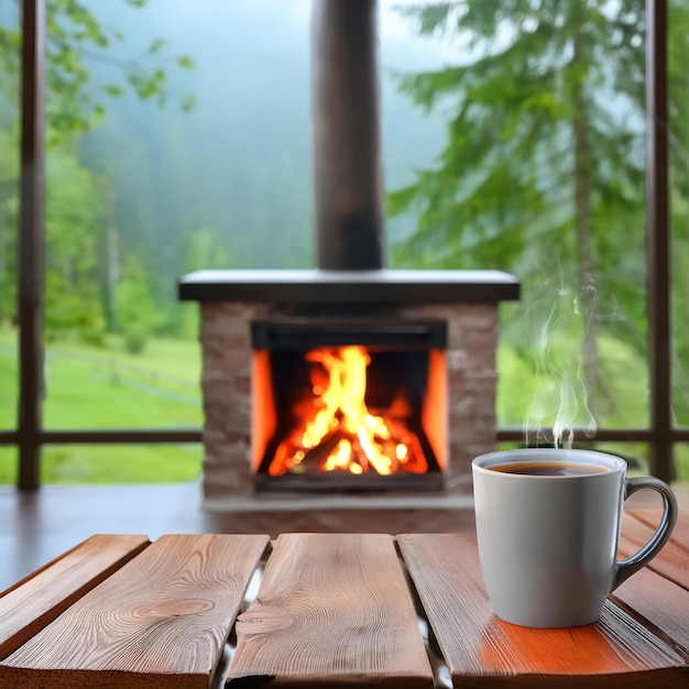 Hot Drink and a Fire in the Fireplace and a Forest Outside the Window AI Generated