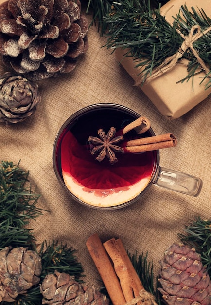 Hot drink mulled wine top view christmas background new year\
wallpaper no people toned