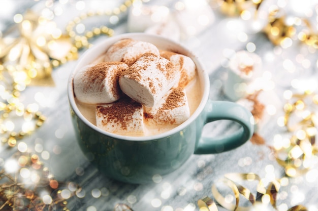 Hot drink with marshmallows and chocolate
