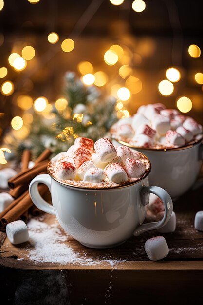 Photo hot drink with marshmallows fir cones spices in the background cozy seasonal holidays