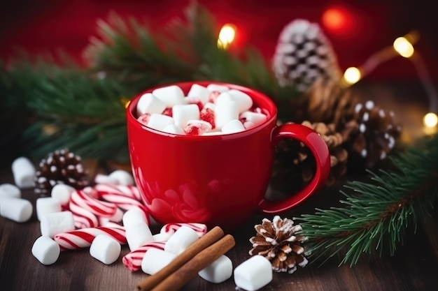 Hot drink with marshmallows in red mug