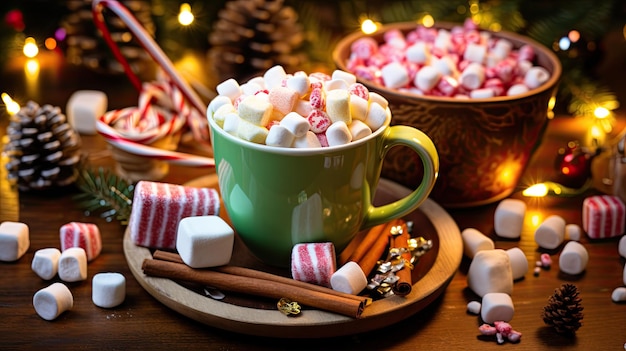 Hot drinks with marshmallows and candy cane in mug Fir cones spices in the background