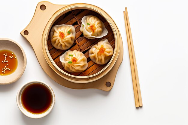 Hot dumplings dim sum in a bamboo steamer with soy sauce Generative AI illustration