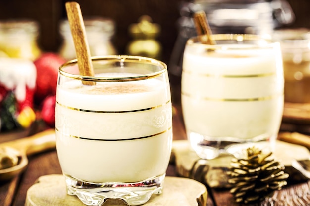 Hot eggnog typical of Christmas made at home all over the world based on eggs and alcohol called eggnog