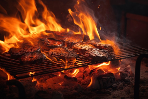 검은색 배경에 밝은 불타는 불과 연기가있는 뜨거운 빈 강철 바베큐 BBQ 그릴 준비